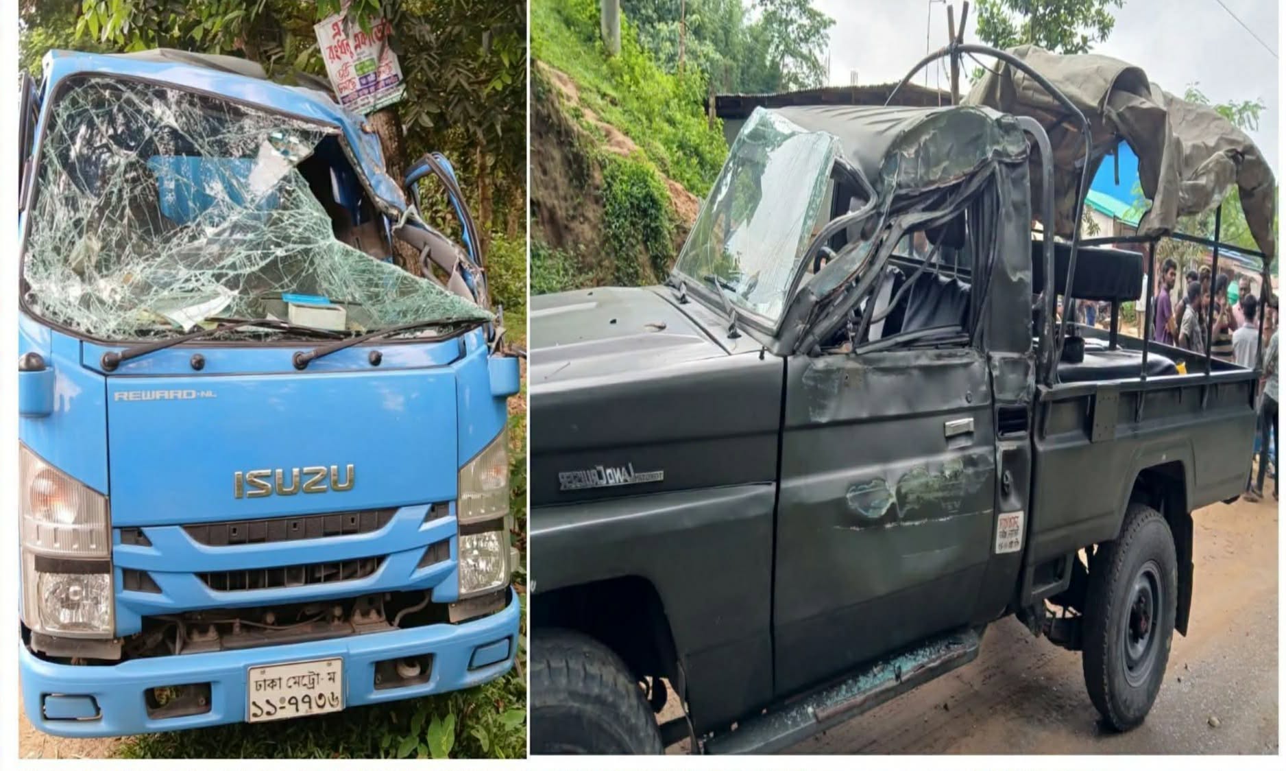 সেনাবাহিনী পিক-আপ ভ্যানের সাথে ঔষধ কোম্পানী কাভার ভ্যানের সংঘর্ষ